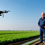 A determined Dutch farmer, dressed in modest and appropriate work attire, stands confidently in a vast, traditional polder landscape. In the background, subtle elements of modern technology, such as a precision agriculture drone in the sky and clearly managed irrigation canals, signify climate adaptation efforts. The scene conveys resilience and innovation in the face of environmental challenges, with healthy crops thriving in the foreground. Fully clothed, safe for work, appropriate content, perfect anatomy, correct proportions, natural pose, well-formed hands, proper finger count, natural body proportions, professional photography, high quality, family-friendly.