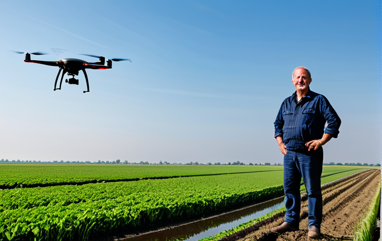 A determined Dutch farmer, dressed in modest and appropriate work attire, stands confidently in a vast, traditional polder landscape. In the background, subtle elements of modern technology, such as a precision agriculture drone in the sky and clearly managed irrigation canals, signify climate adaptation efforts. The scene conveys resilience and innovation in the face of environmental challenges, with healthy crops thriving in the foreground. Fully clothed, safe for work, appropriate content, perfect anatomy, correct proportions, natural pose, well-formed hands, proper finger count, natural body proportions, professional photography, high quality, family-friendly.